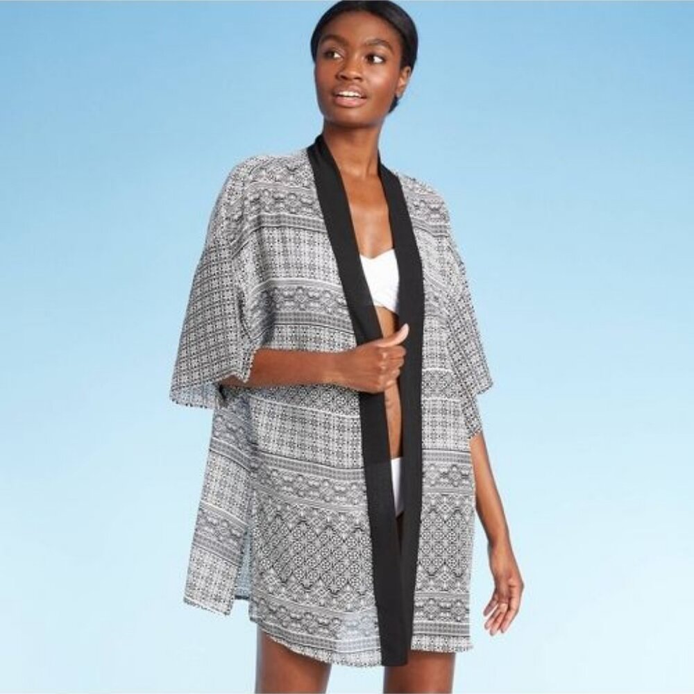 Kona Sol Open Front Kimono Cover Up - BLACK GEOMETRIC PRINT